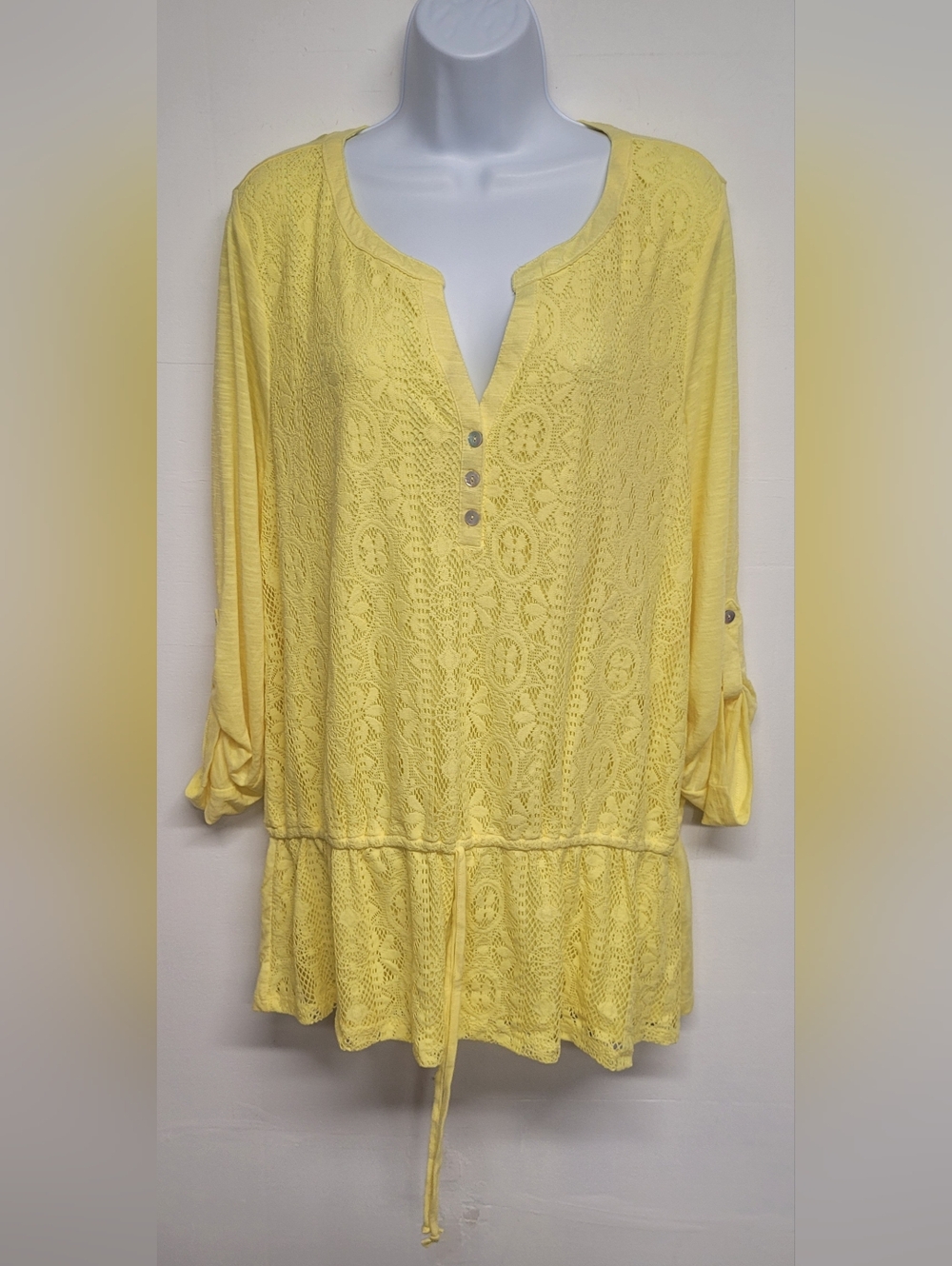 Style & Co XL Tunic Top Spanish Gardens Lemon Grass Yellow Top Lace Stretch New